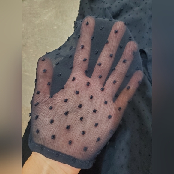 Claudie Pierlot Paris Rififi Dress. Sleeves. Navy Blue. Plumetis Dotted. 6 US. - Picture 5 of 14